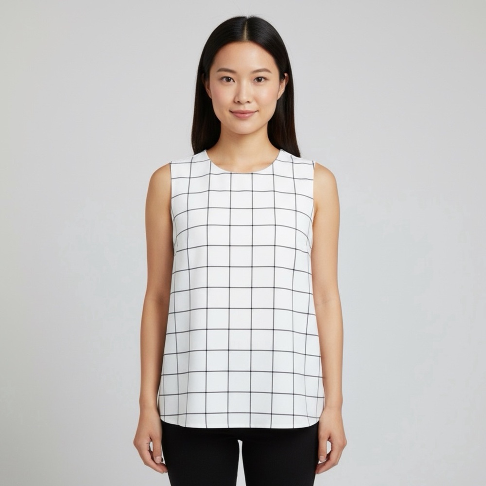 Vince Camuto White Plaid Sleeveless Back Zip Boxy Blouse Tank Top Size M